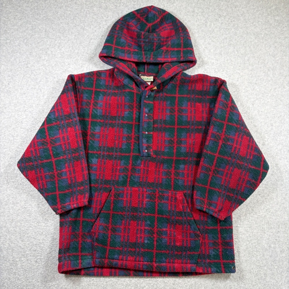 LL Bean Fleece Hoodie Women Medium? Red Green Plaid Snap Front Pullover Vintage